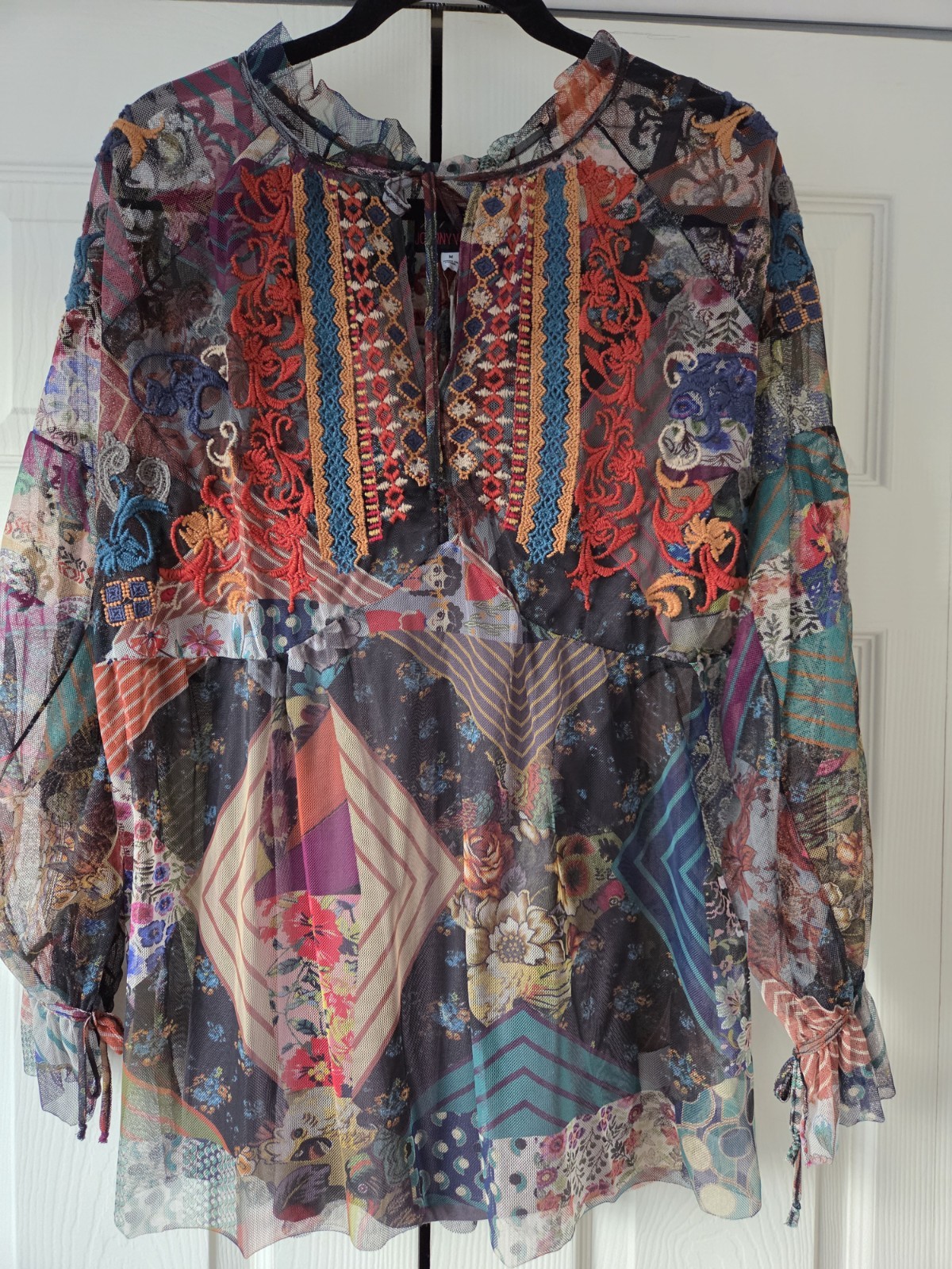 NWT Johnny Was Biya Ilyana Mesh Embroidered Blouse Boho Top Long Sleeve Medium