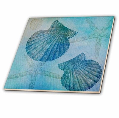 12 Inch Ceramic Tile - Aqua Shells and Starfish Beach Themed Art PS Beach
