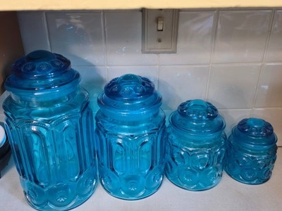 Vintage L.E. Smith Moon & Stars Blue Glass Canister With Lids