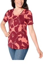 Denim & Co. Printed Slub Jersey Short Sleeve U-Neck Shirt Porcelain Rose L New