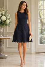 Tahari Dress Womens 8 Navy Floral Embroidered Sleeveless Shift Knee Length
