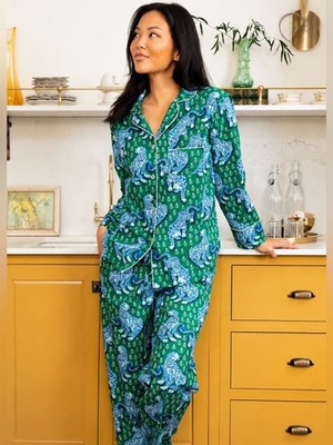 NWT Printfresh Tiger Queen Sz M Pajama Set Organic Cotton Green Blue Retail $168