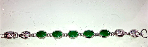 Vintage 14K White Gold Bracelet, 5 Pieces Green Oval Cabochon Cut Jade 6 1/4" - Picture 4 of 18