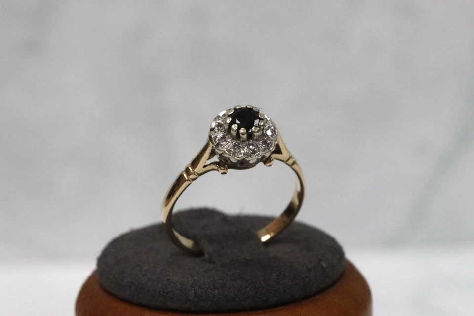 Anillo con racimo de diamantes y zafiros de oro amarillo de 9 quilates - talla N - sello del Reino Unido Foto 4 de 4