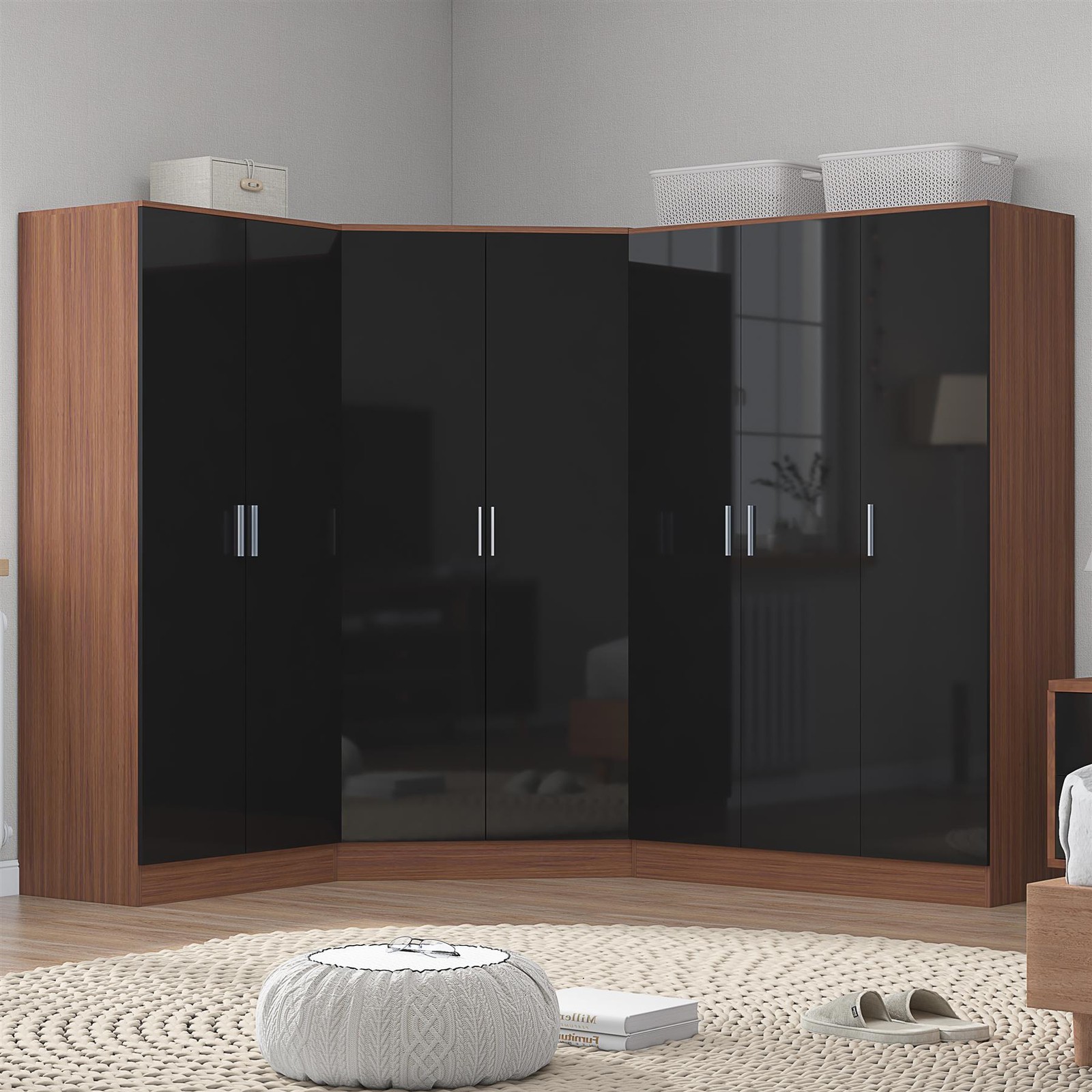 Reflect Wardrobe Bundle - Corner + 3 Door + 2 Door Plain - Walnut - Black Gloss / Matt Walnut - Image 6