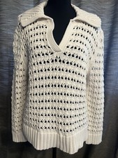 DKNY JEANS Eggnog Open-Knit V-Neck Pullover Sweater Long Sleeve Size L