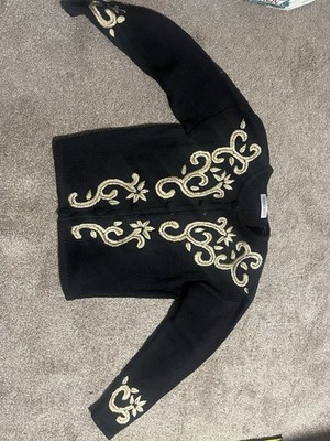 Women's Amanda Smith Black Gold Floral Embroidered Knitted Sweater M Grandmas