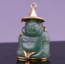 ANTIQUE CHINESE 14K YELLOW GOLD & GREEN JADEITE BUDDHA FIGURE CHARM PENDANT