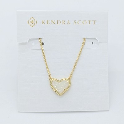 New Kendra Scott Ari Heart Gold Necklace in White Iridescent Drusy
