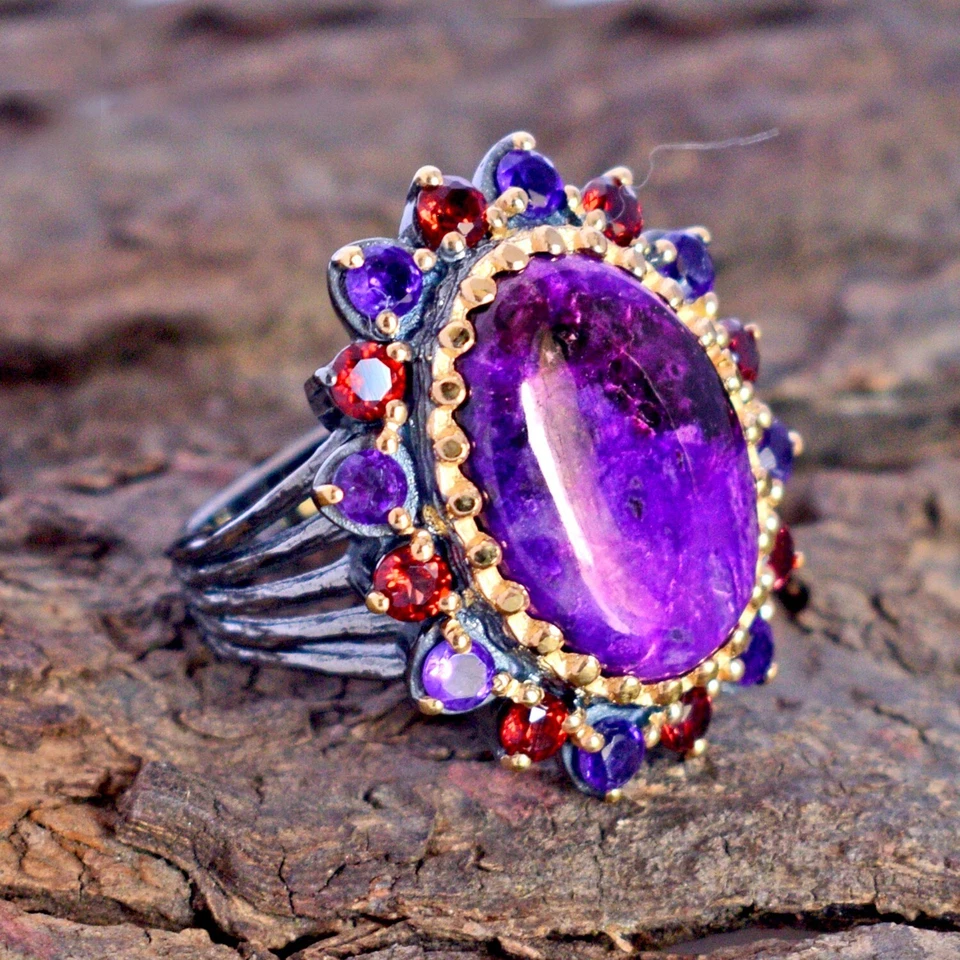 Anello da cocktail con pietre preziose africane naturali sugilite argento... - Immagine 3 di 4