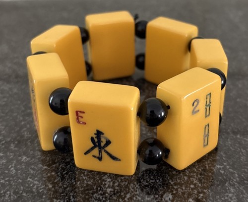 Vtg Mahjong Butterscotch Bakelite Chunky Stretch Bracelet 7 Tiles + Black Beads