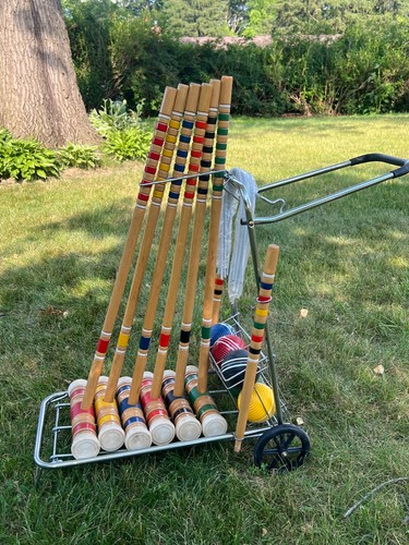 Vintage Croquet 6 Player Set Wheeled Cart