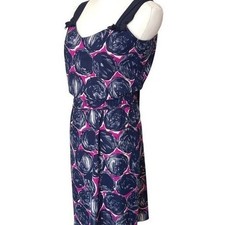 Tory Burch Silk Knit Sleeveless Dress Navy Pink Floral Womens Size M Bow Fringe