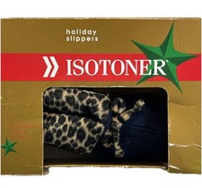Isotoner Holiday Slippers New Womens Size S Blue Fleece with Leopard Print Cuff