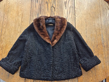 Vintage Real Fur Curly Black Persian Lamb Jacket with Brown Mink Collar - M/L