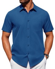 Men's Wrinkle-Free Casual Button-Down Shirt - Perfect for Summer  Business Blue