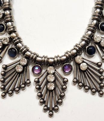 Antiqued Silvertone Necklace Rhinestones Cats Eyes Openwork Panels Aztec Egypt