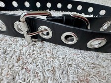 Black Genuine Black Leather Metal Holes Grommet Punk Y2K Goth Belt L Unisex 964