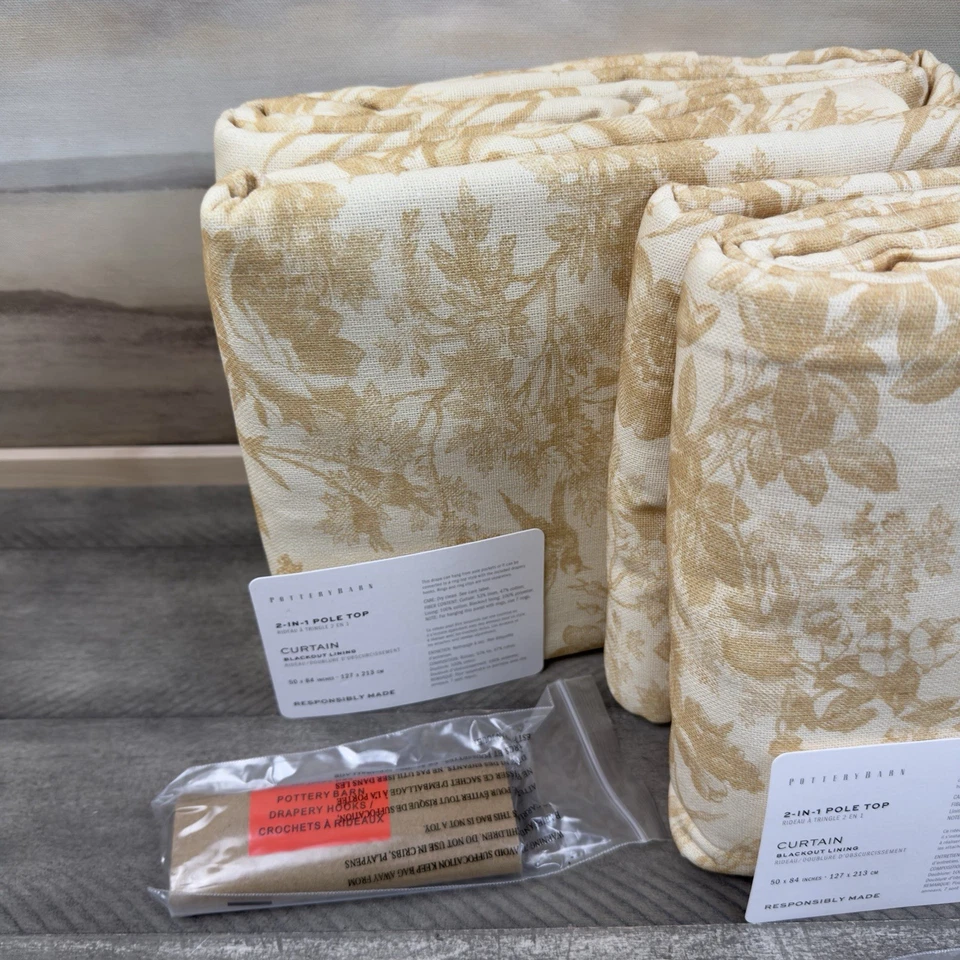 Pottery Barn Sorrel Toile Blackout Curtains Drapes 50”x84” Gold W/Hooks Set/2 OB - Image 3 of 4