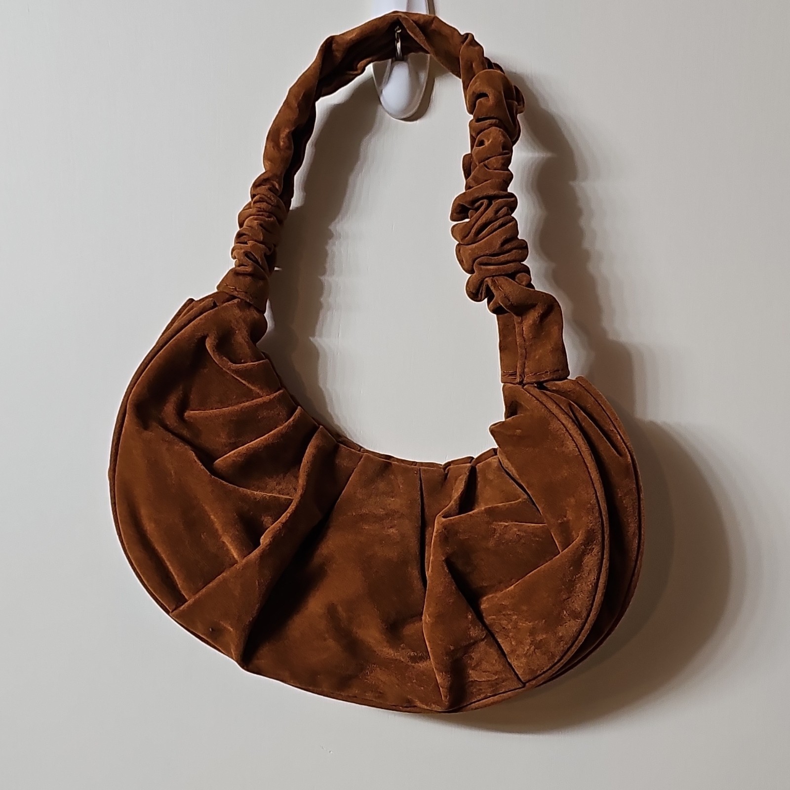 Women’s Brown Crescent Shoulder Bag with Pleated Ruched Shoulder Strap