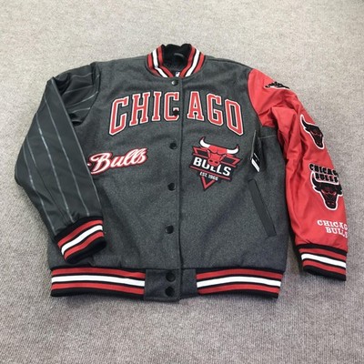 Chicago Bulls Jacket Mens Medium Gray Red NBA Basketball Varsity Chenille Patch