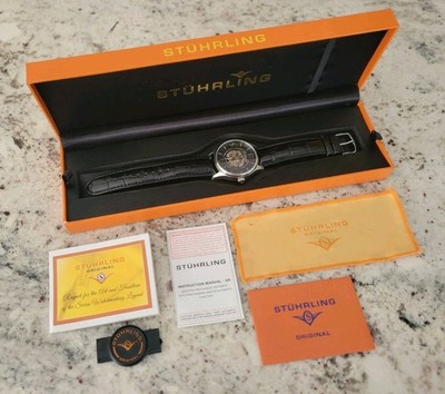 Mens Stuhrling Original Skeleton Watch ST-90650 Automatic Leather Strap With Box