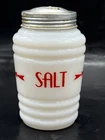 Vintage Hazel Atlas, Milkglass salt shaker, red letters ,USA