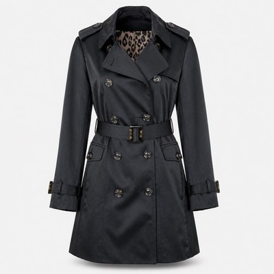 NWT Joan Rivers Black Trench Coat Belted Double Breasted Womens Size S Chic