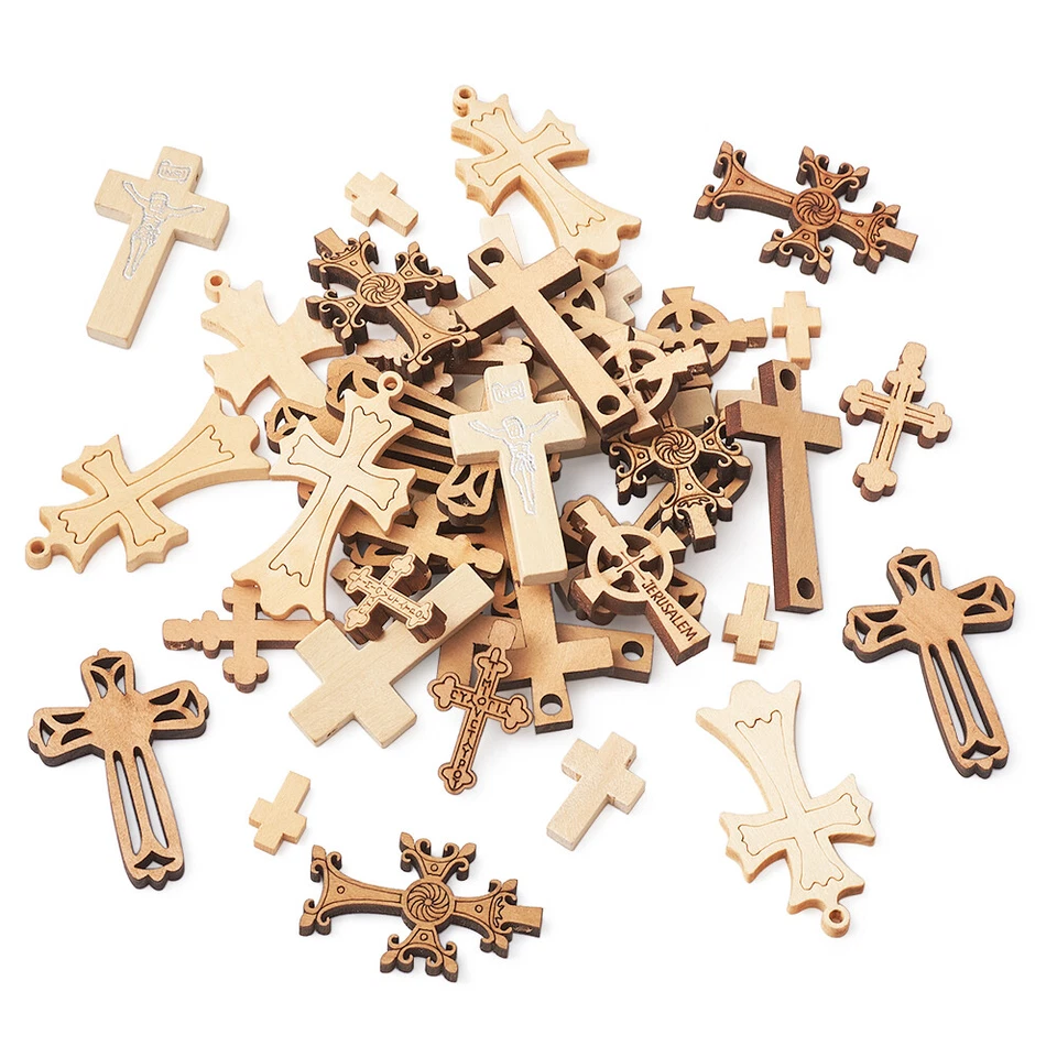 100pc Mixed Wooden Pendants Big Links Cross Charms Craft Jewelry Making 15~47mm - Image 2 of 4