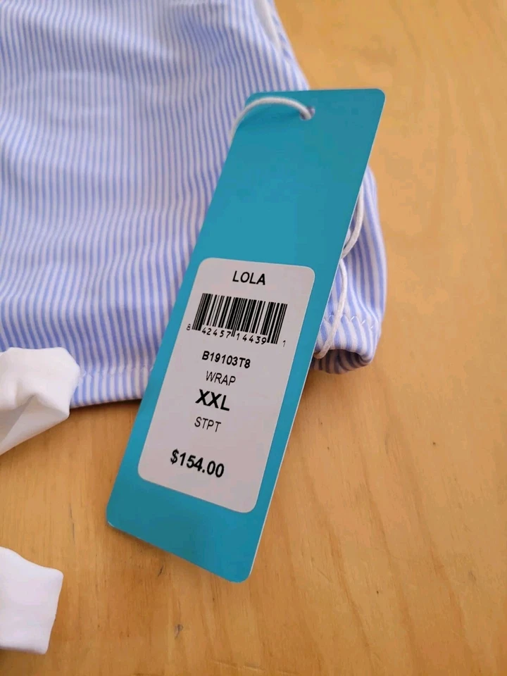 NUEVO CON ETIQUETAS BEACH BUNNY Lola Top Envolvente, Rayas Azules y Blancas, Corbata Frontal, Talla XXL Foto 3 de 4