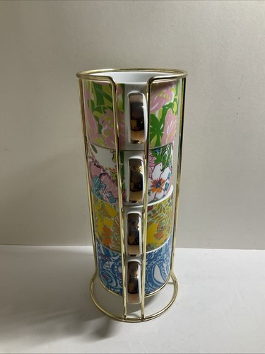 Lilly Pulitzer Set 4 Stackable Mugs Coffee Tea Espresso Hard To Find Colors Cups - Picture 3 of 8