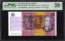 Australia 5 Dollars P44e R209 1985 Johnston Fraser PMG58 Choice aUNC EPQ BRIGHT