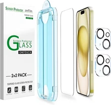 (2+2pack) amFilm for iPhone 15 -OneTouch Glass Screen & Lens Protector 6.1"