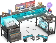 Aheaplus L Shaped Desk with File Drawer, Computer Desk Gaming Desk Grey Oak