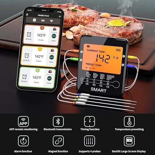 Bluetooth Meat Thermometer,Wireless Digital Grill Thermometer with 4 Black