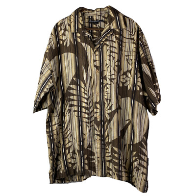 Syllables 100% Linen Aloha Shirt XL Mens Brown Button Front Leaf Print Hawaiian