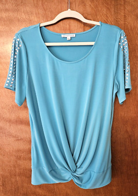 Notations Womens Top Blouse L Large Aqua Blue Tie Front Rhinestones Open Sleeve