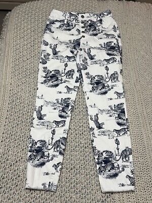 Womens Funky Color Size 6  Y2k White Cat Cheetah Cactus Blue Graphic Print Jeans