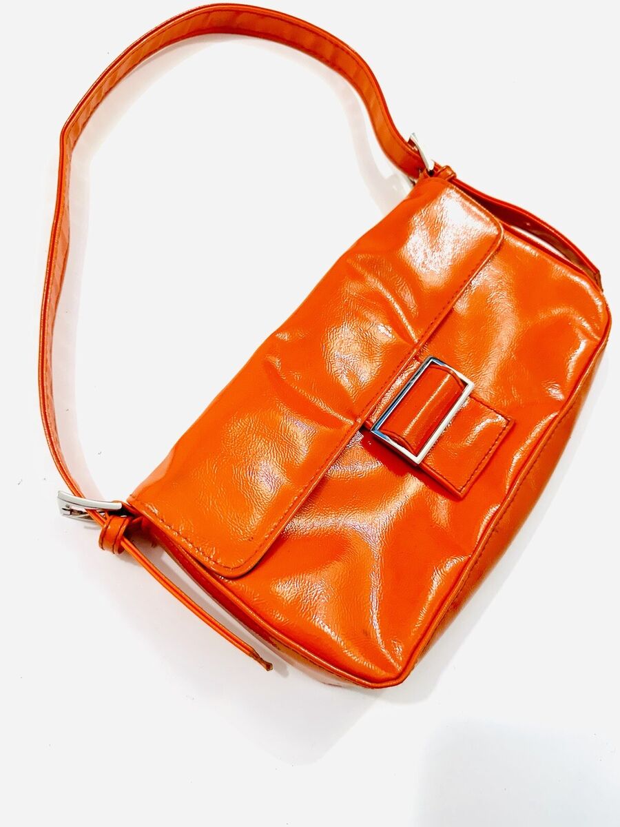 Vintage Y2K Shoulder Bag Orange Faux Patent Leather Slim Vintage Y2K Shoulder Bag Orange Faux Patent Leather Slim