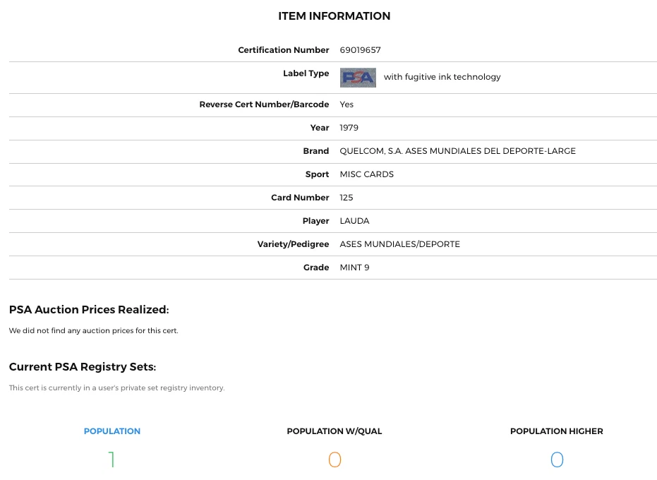 1979 Quelcom Ases Mundiales Del Deporte Large Niki Lauda PSA 9 POP 1 (Highest) - Image 3 of 3