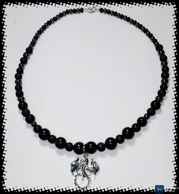 Hematite,Black Obsidian,Onyx & Lava Stone Beaded Silver Dragon Aromatherapy...