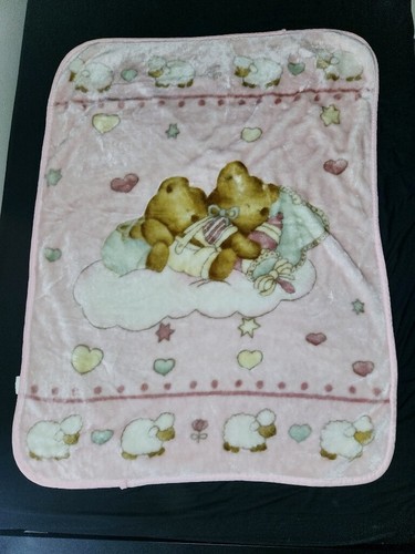 VTG Pink Sleeping Teddy Bears Microplush Throw Blanket Lamb Heart Flower 45x60 - Picture 8 of 22