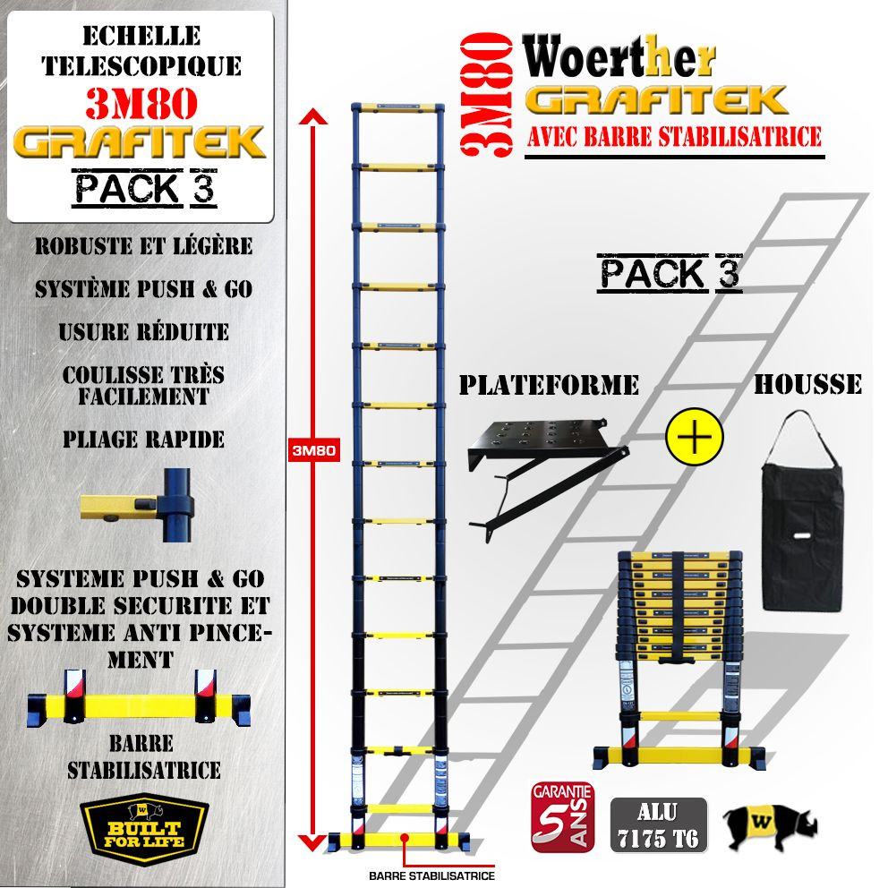 Échelle télescopique Woerther Grafitek 3m80 structure graphite premium