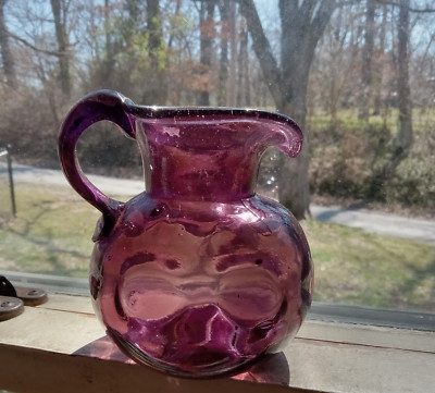 AMETHYST CLEVENGER BROTHERS HAND BLOWN PONTILED GLASS PITCHER APPLIED HANDLE