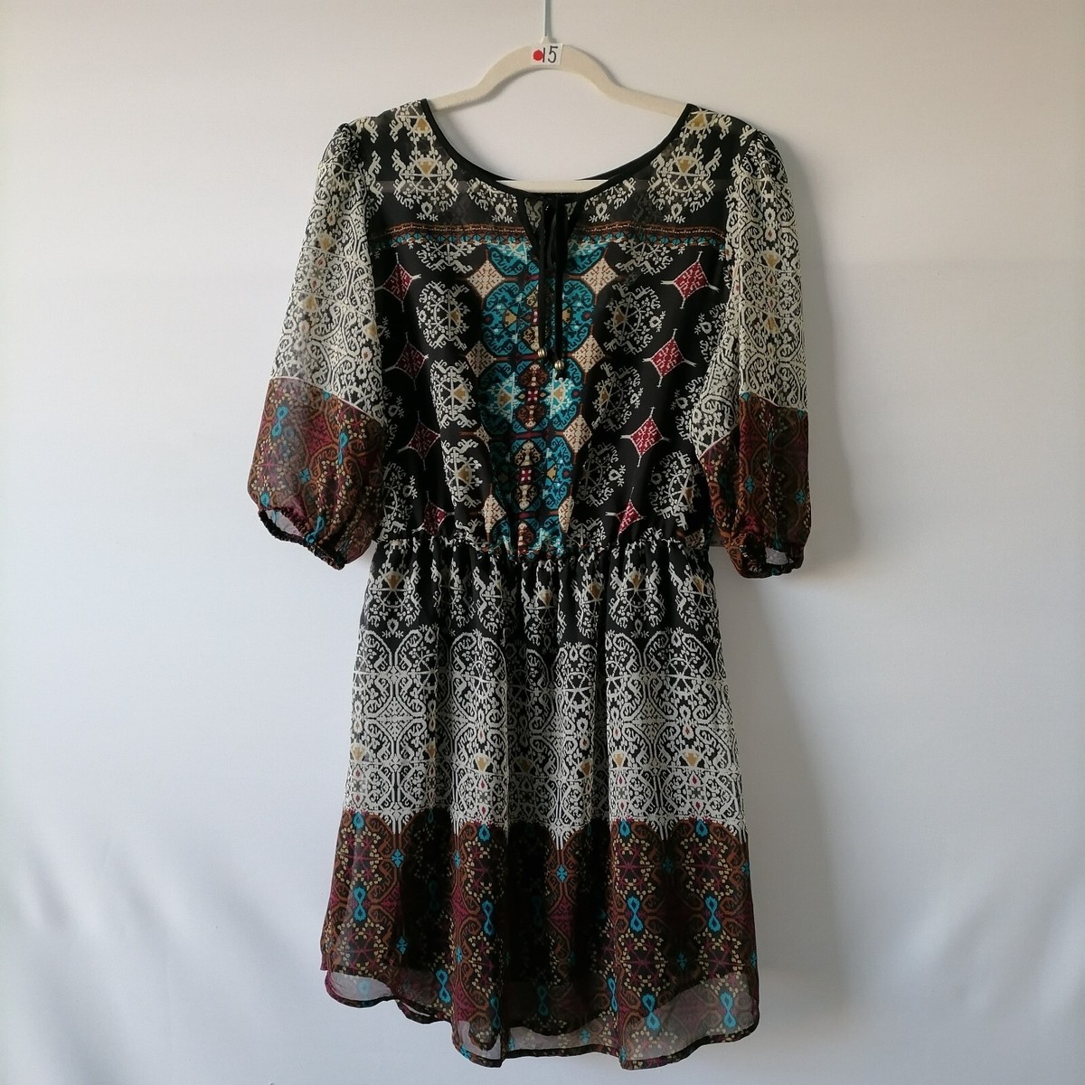 NWT BeBop Womens Multicolor Batik Print Balloon Sleeve A-Line Dress Size M