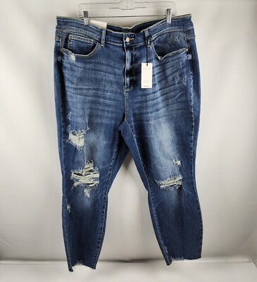Judy Blue Jeans Women Plus 20W Blue Dionne High Rise Relaxed Fit Distressed NWT