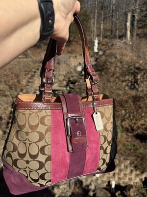 Coach Vintage 2004 Hampton Satchel Pink Suede Stripe Signature Bag