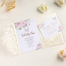 50Pcs Ivory Wedding Invitation Kits with Envelopes and RSVP Cards Laser Cut 5...