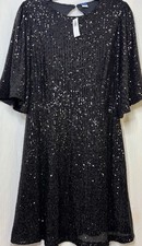 NWT Old Navy Black Sequin Dress L Flutter Sleeve Open Back Party 585084