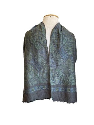 Vintage Italy Silk Wool Scarf Gray Teal Green Woven Jacquard Pattern #A74 #R